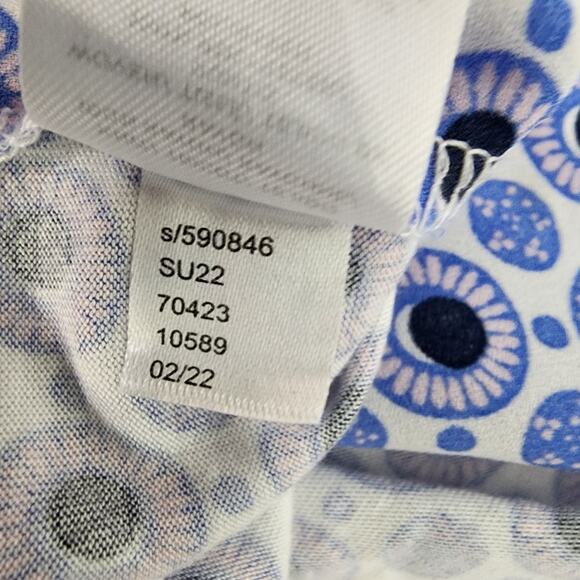 LOFT Blouse Womens Small Blue Geometric Button Popover Ruffle Neck Sleeveless - Picture 10 of 10